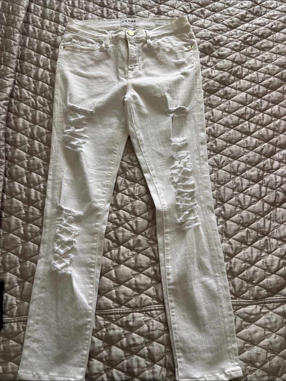 Frame Denim White Distressed Skinny Leg Jeans  29